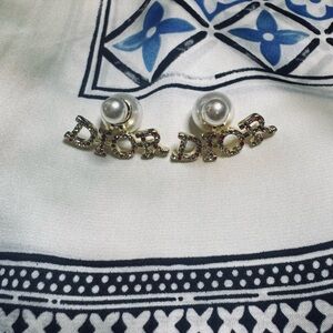 Dior Gold Logo Pearl Double-Sided Stud Earrings